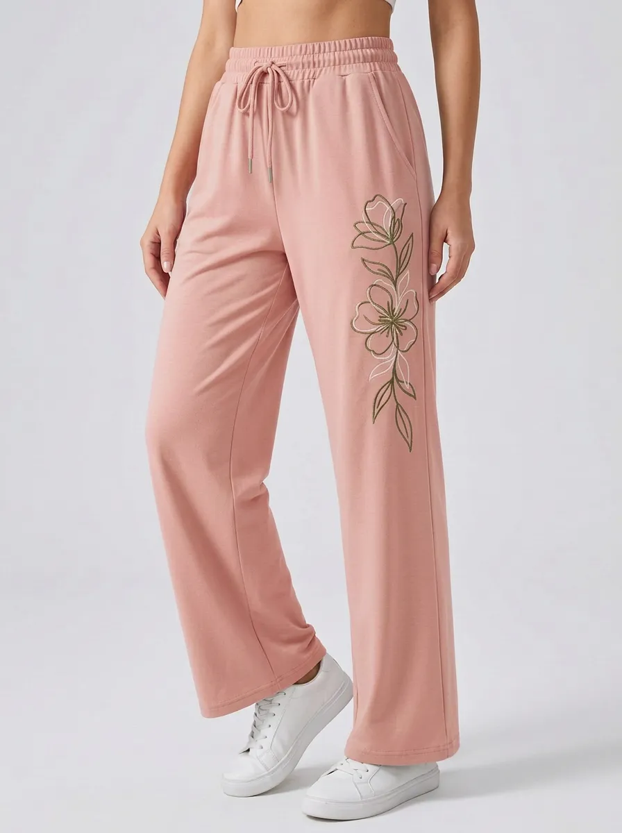 Women's Sage Green Drawstring Waist Side Pockets Wide-Leg Sweatpants