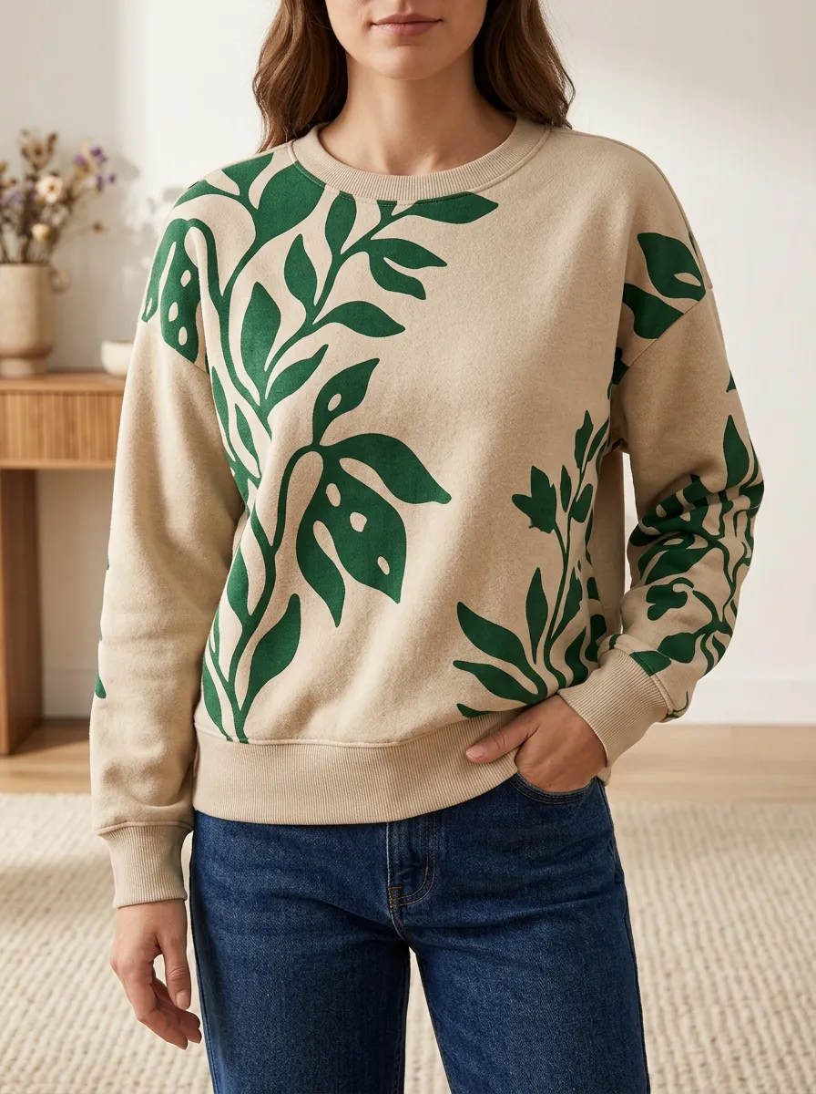 Women's Botanical Print Crewneck Sweatshirt Fleece Nature Inspired