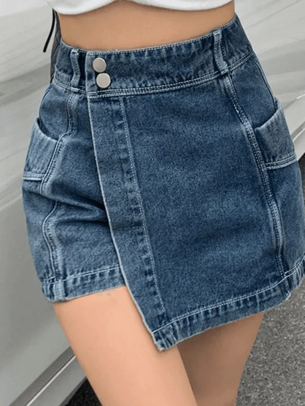 High Waist Asymmetric Denim Shorts