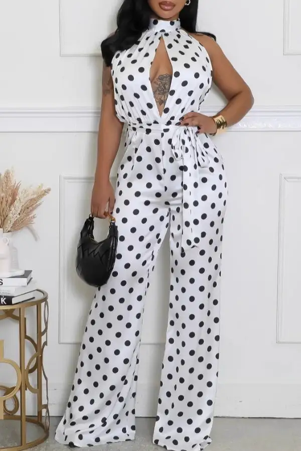 Polka Dot Cutout Halter Lace-Up Jumpsuit