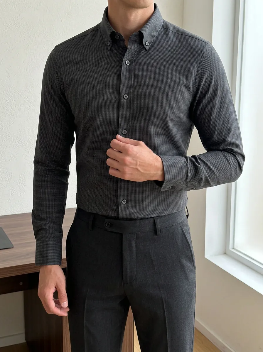 Men's Business Casual Micro-Check Pattern Slim Fit Button-Down Shirt