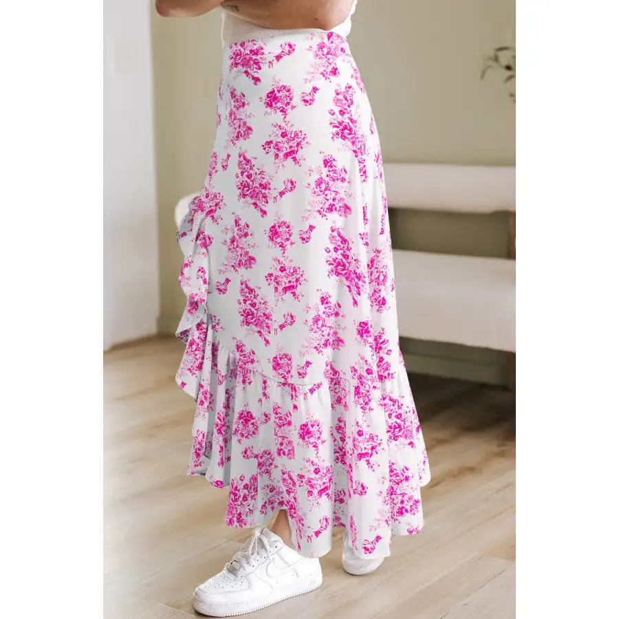 Boho Floral High Waist Ruffle Split Maxi Skirt
