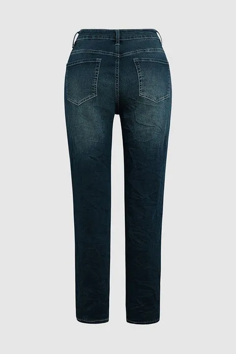 Button Up Roll Hem Straight Leg Jeans