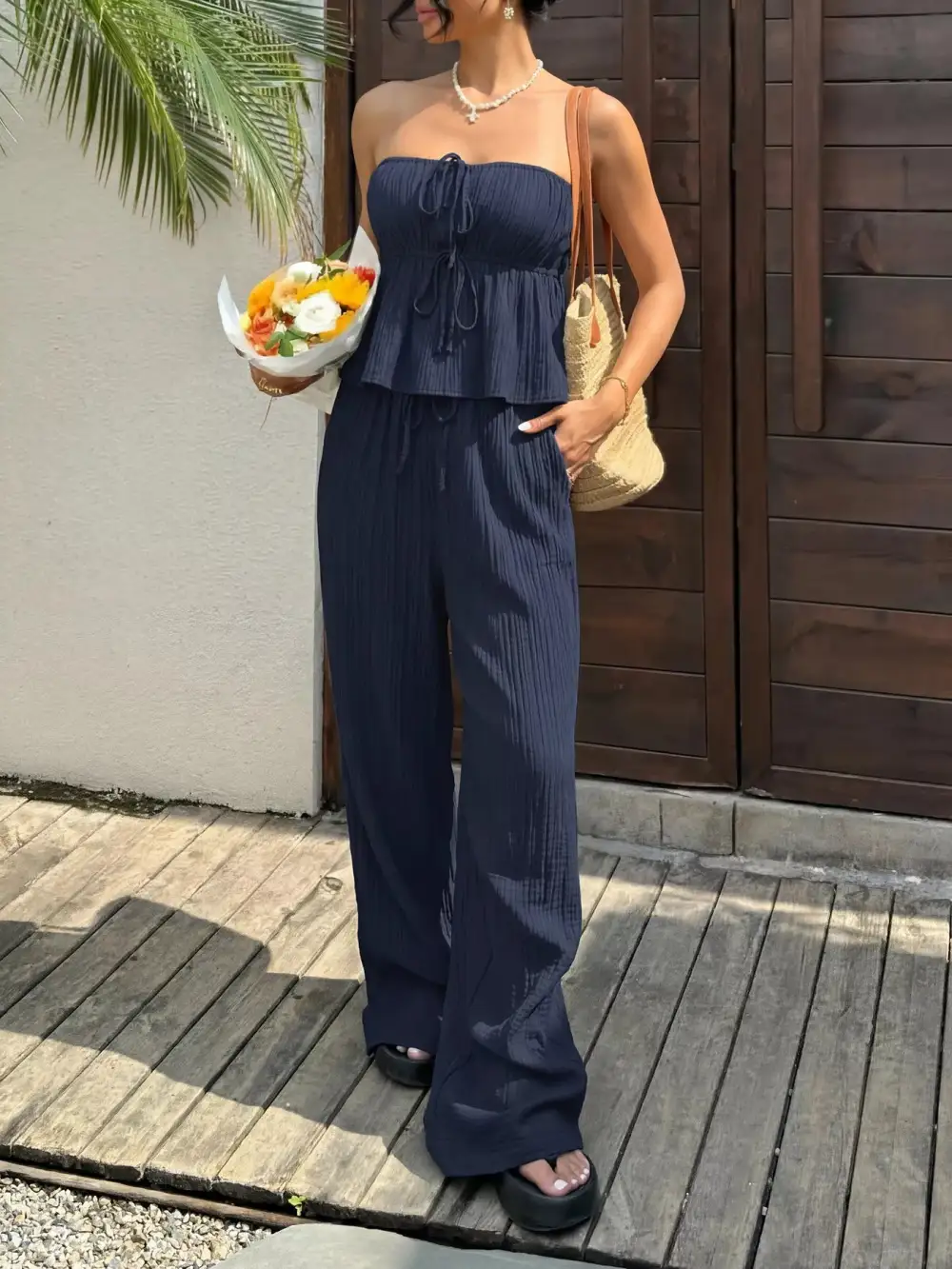 Textured Tube Top and Wide Leg Pants Set