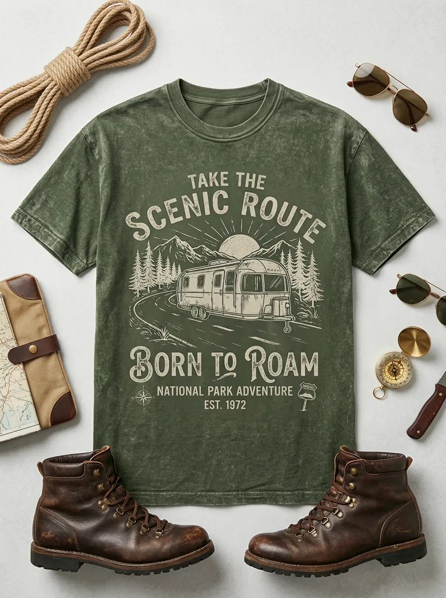 Unisex Camping Lover Scenic Route Camper Van Printed T-shirt