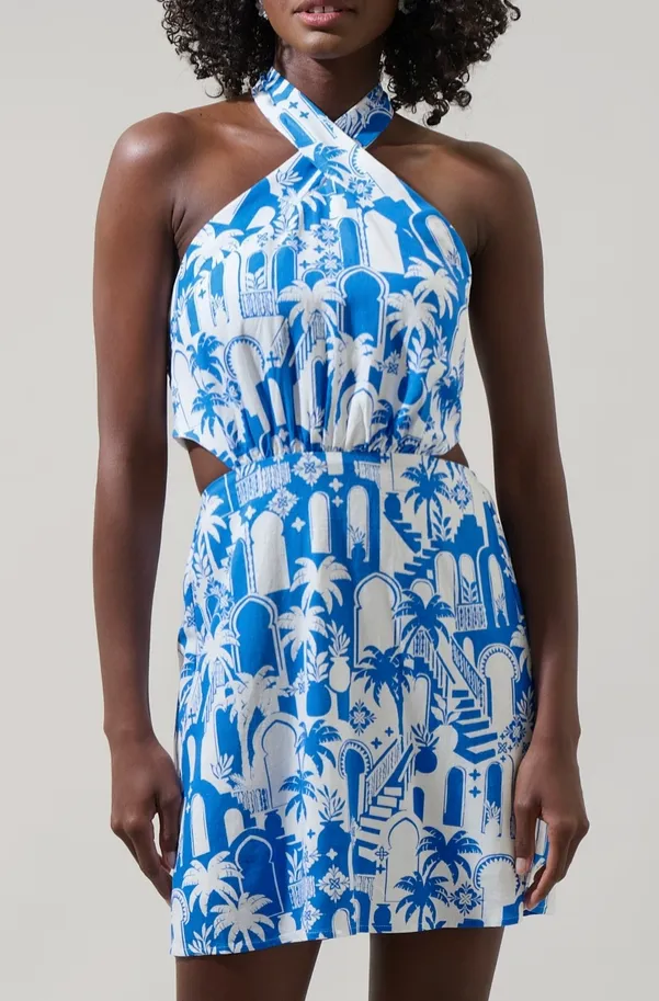 Blue White Tropical Print Halter Dress