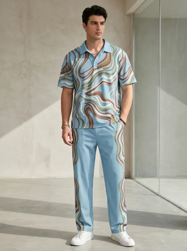 Men's Abstract Wavy Pattern Printed Polo Shirt and Pants Set