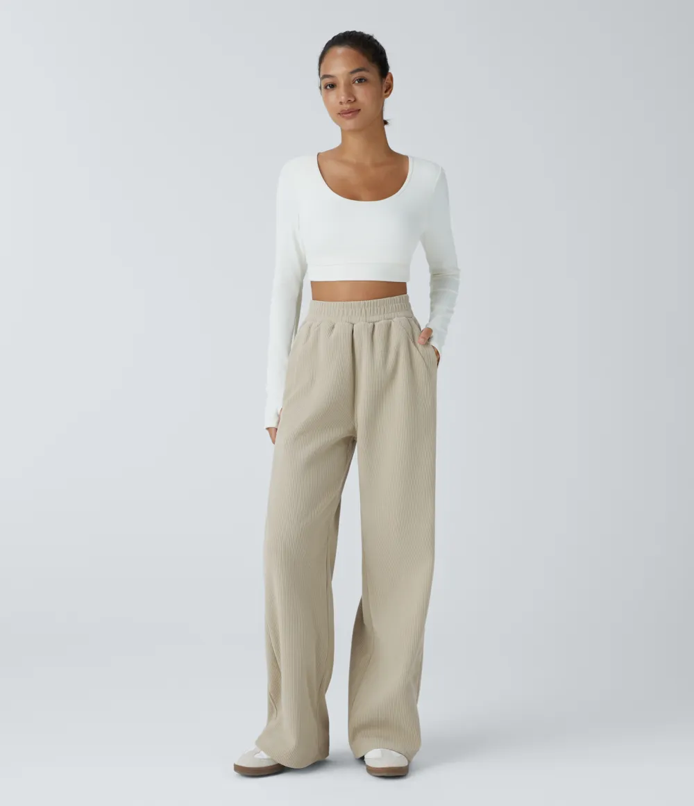 High Waisted Side Pocket Straight Leg Mop Corduroy Casual Pants