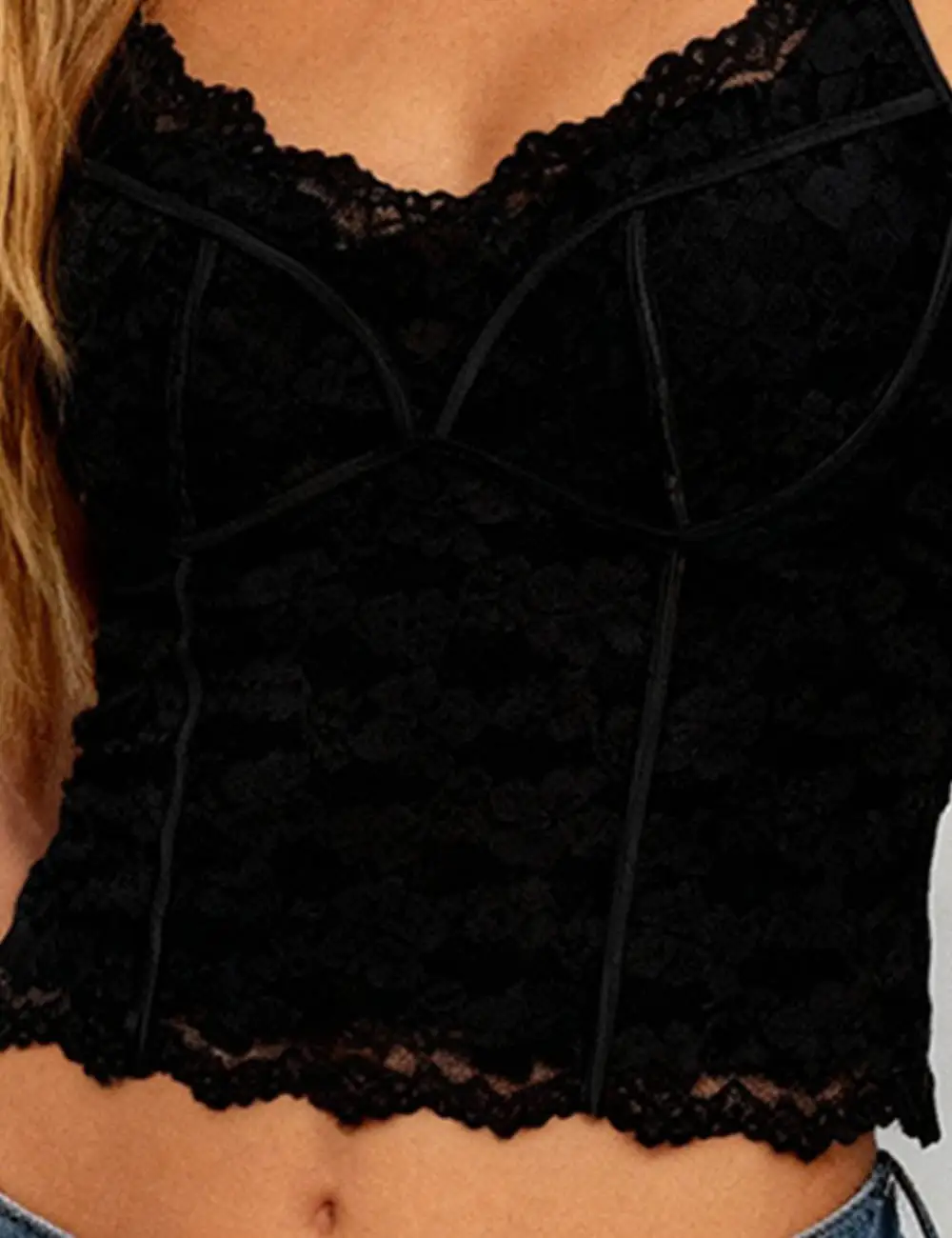 Velvet Lace V Neck Spaghetti Strap Cami Top