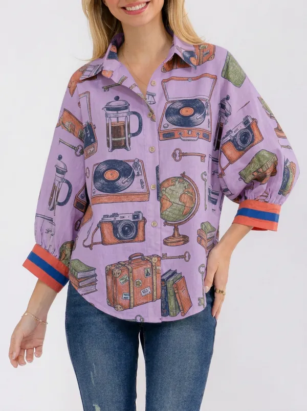 Women's Vintage Hobby Travel Camera Record Printed Shirt