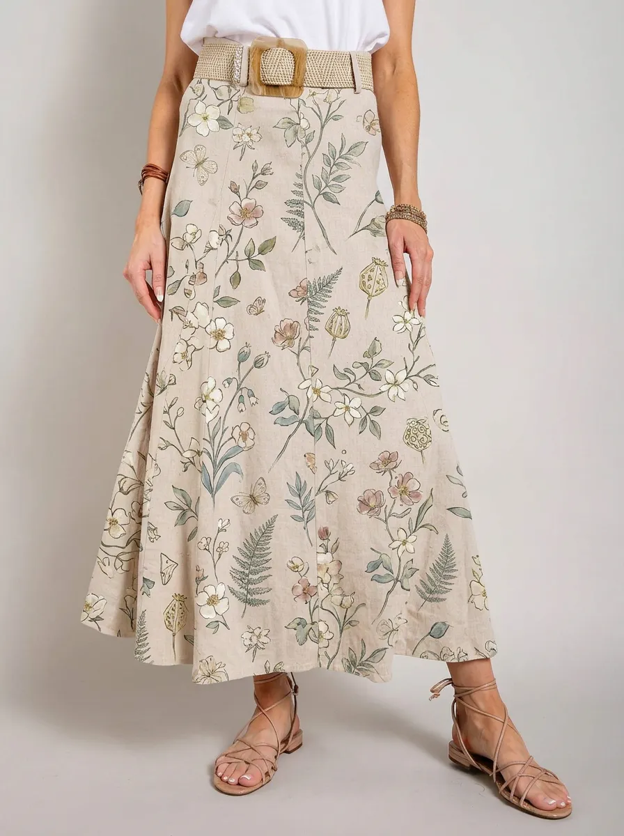 Women's Botanical Garden Floral Butterfly Printed Midi Skirt