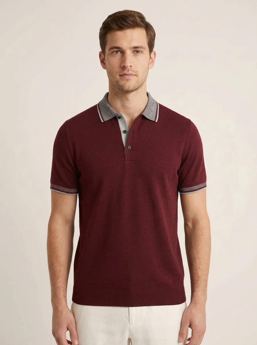 Men's Charcoal Grey Contrast Collar Knitted Polo Shirt