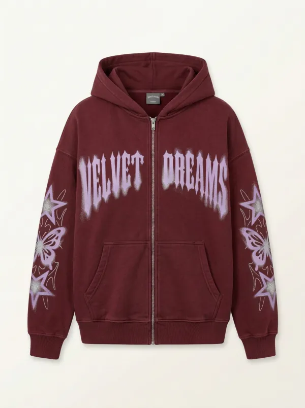 Unisex Streetwear Velvet Dreams Butterfly Star Printed Zip-up Hoodie