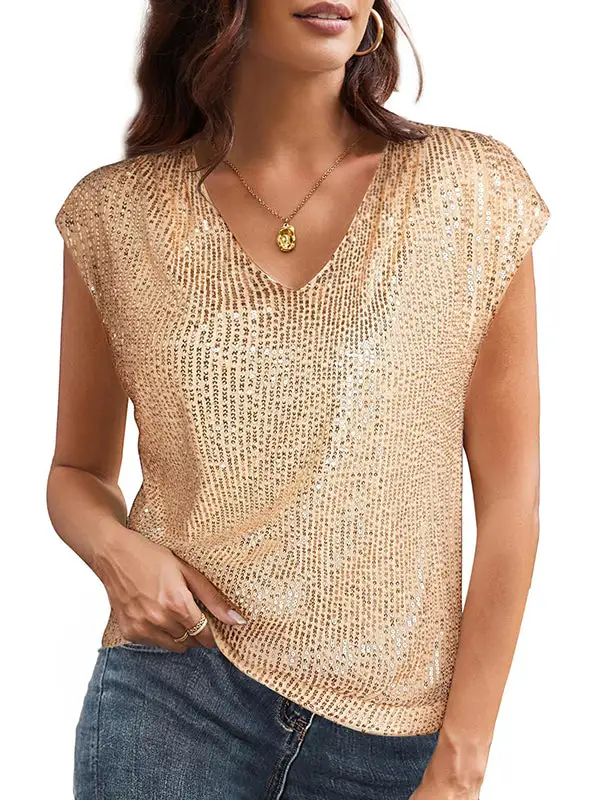 Batwing Sleeve Relaxed Sequined Shiny V-Neck T-Shirt
