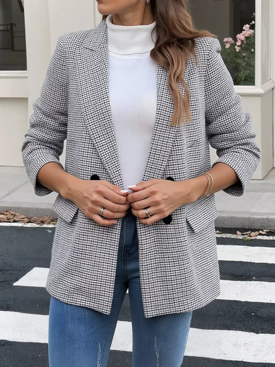 Houndstooth Patterned Double-breasted Blazer