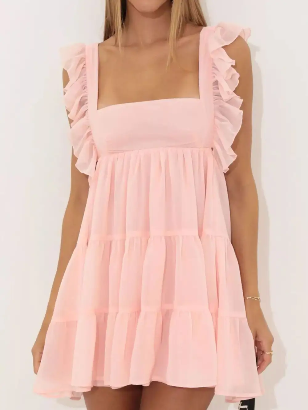 Square Neck Ruffle Tiered Dress Casual