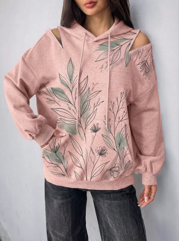 Women's Botanical Floral Cold Shoulder Printed Hoodie