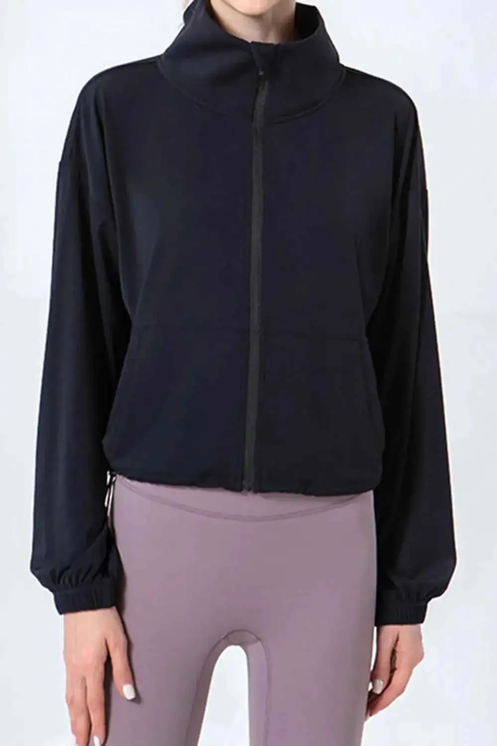 Drawstring Zip-Up Dropped Shoulder Active Outerwear
