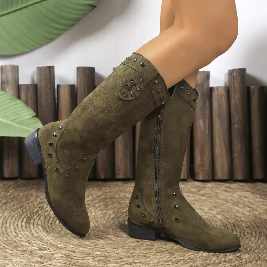 Studded Mid-calf Boots with Side Zipper Closure