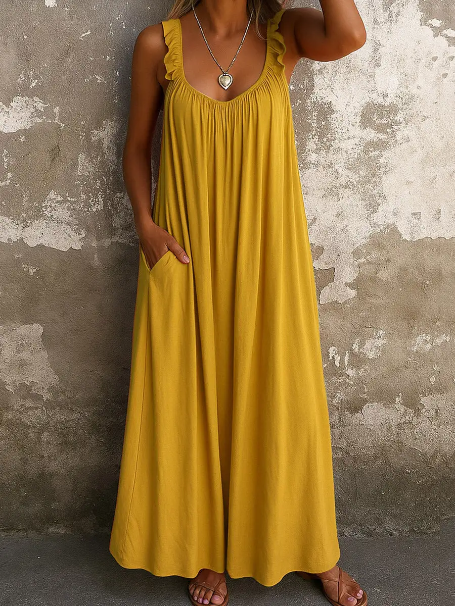 Loose Pleated Ruffled Neck Maxi Dress