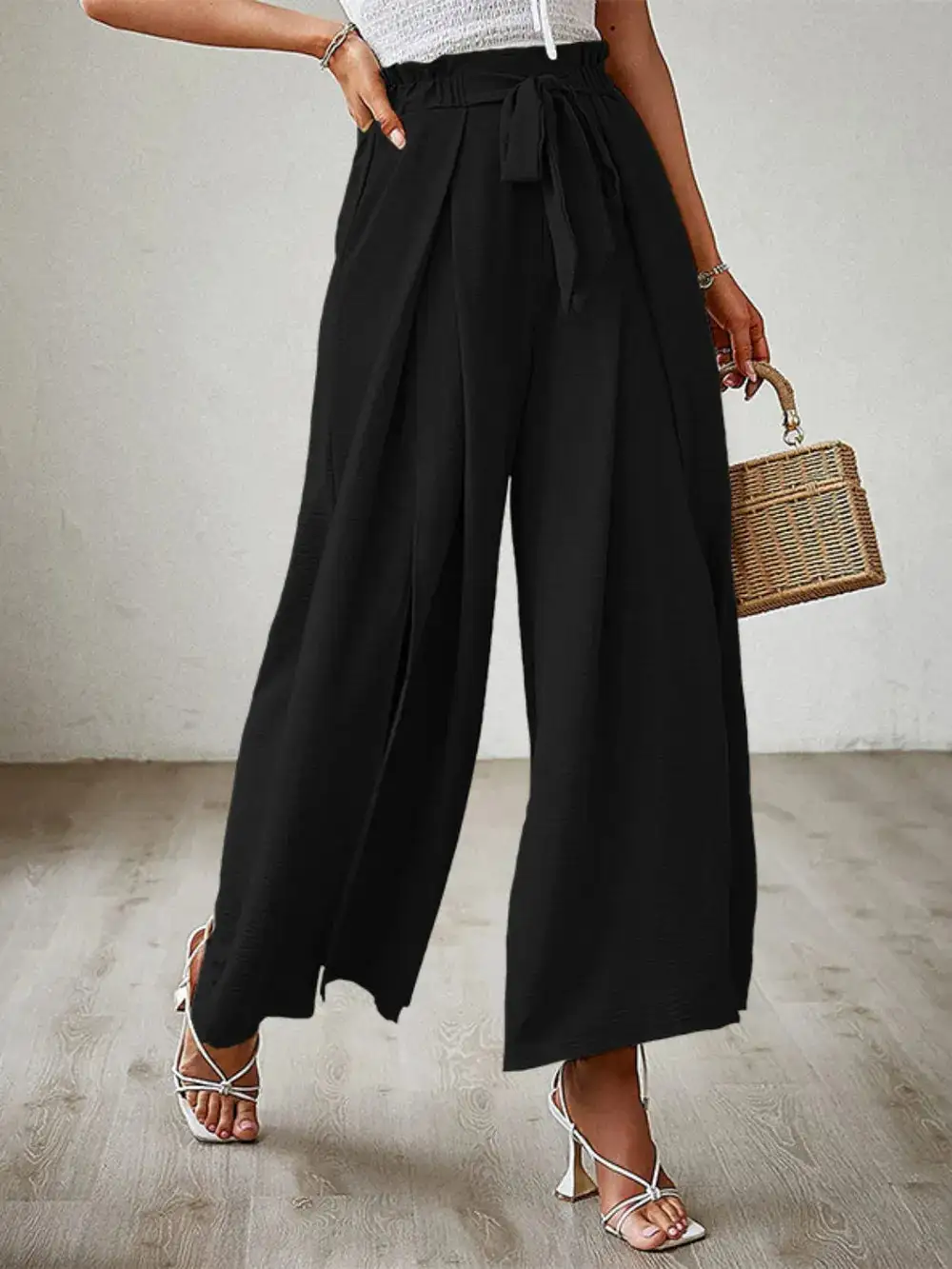 Wide Leg Tie Waist Slit Detail Casual Pants