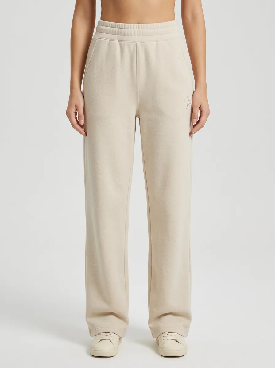 Women's Lounge Minimalist Beige Leaf Embroidered Sweatpants