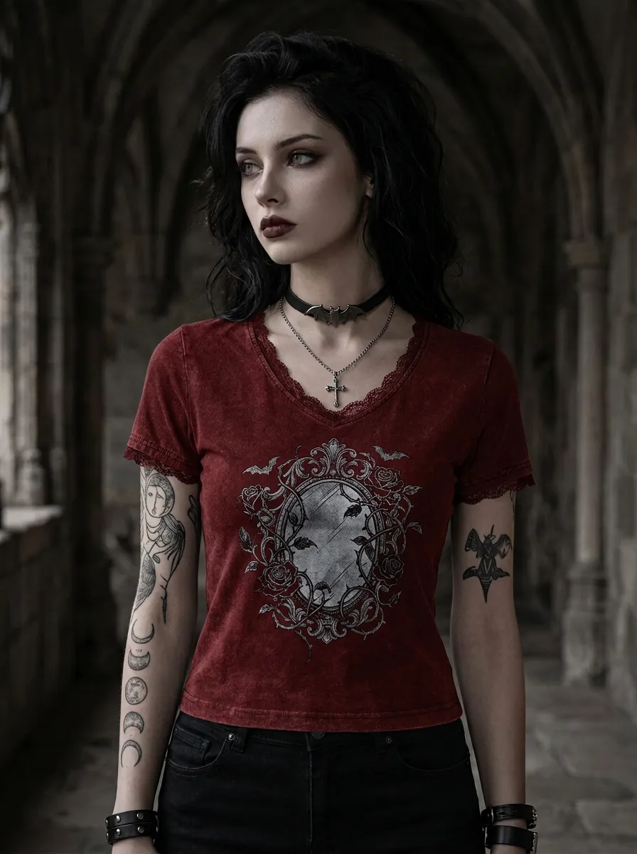 Statement Bat Rose Victorian Look Women's Gothic T-Shirt