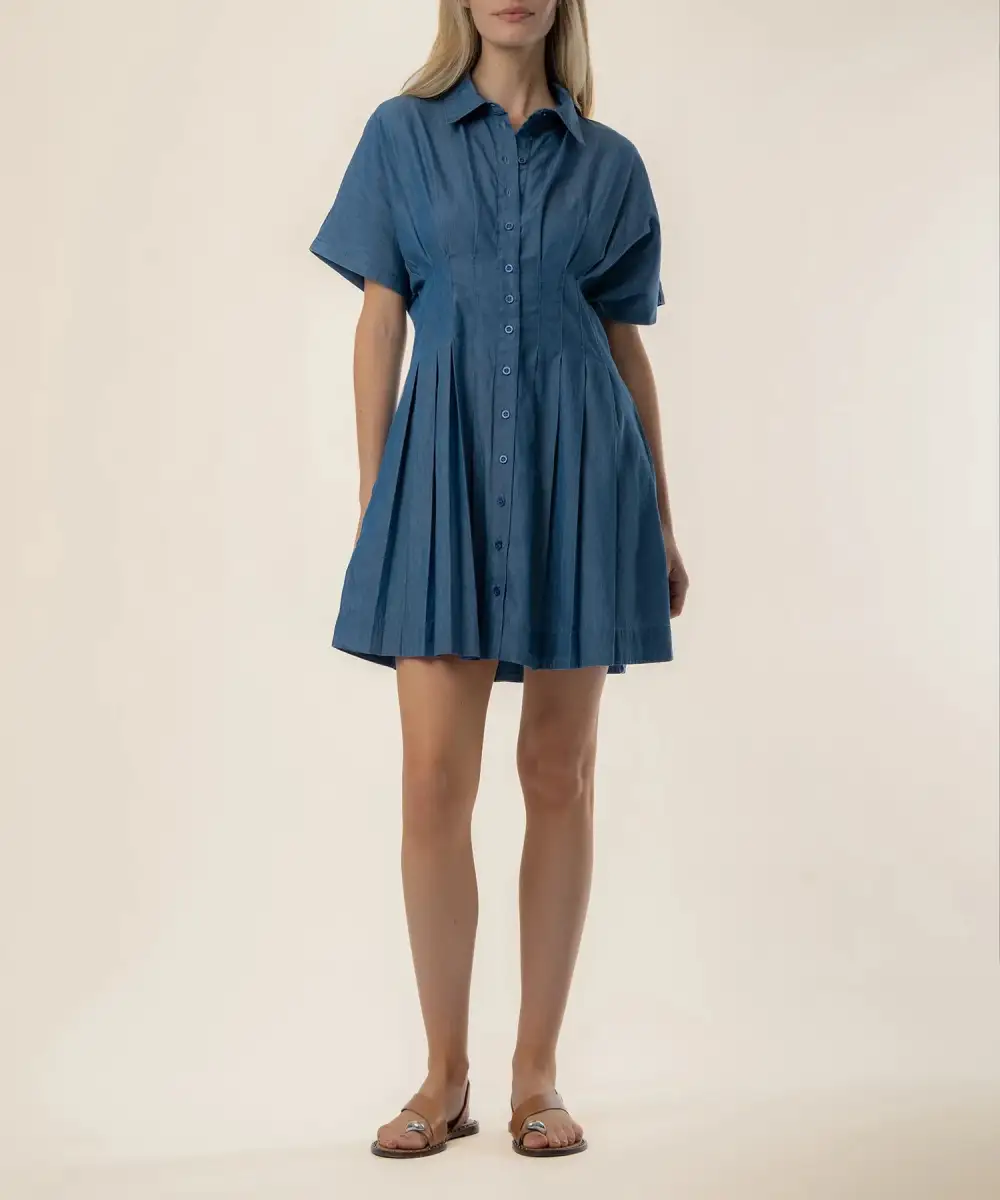 Pleated Denim Shirt Mini Dress