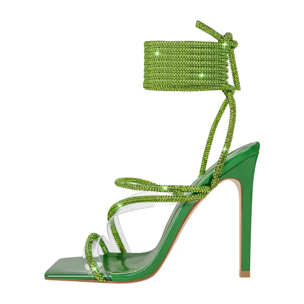 Rhinestone Strap Lace Up High Heel Sandals
