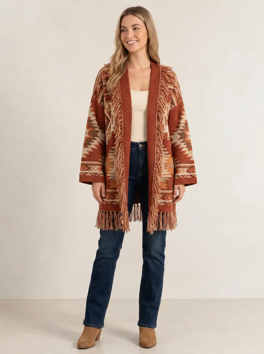 Women's Rust Southwestern Pattern Fringe Cardigan