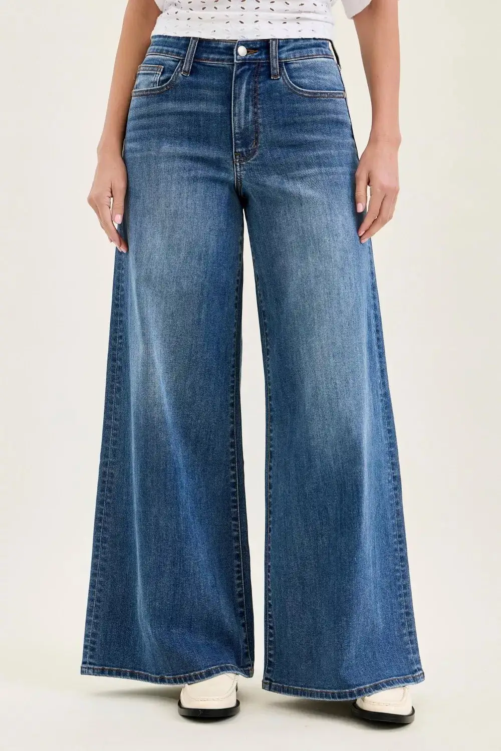Smart Casual Denim High Rise Wide Leg Pocketed Jeans