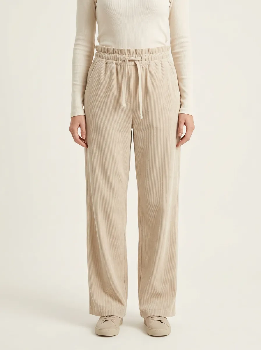 Women's Paperbag-Waist Drawstring Straight-Leg Corduroy Pants