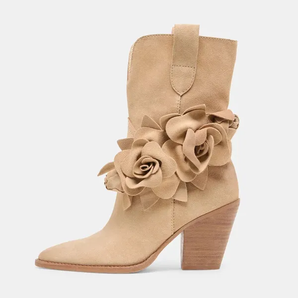 Faux-Suede Pull-On Floral Pointed-Toe Western Boots