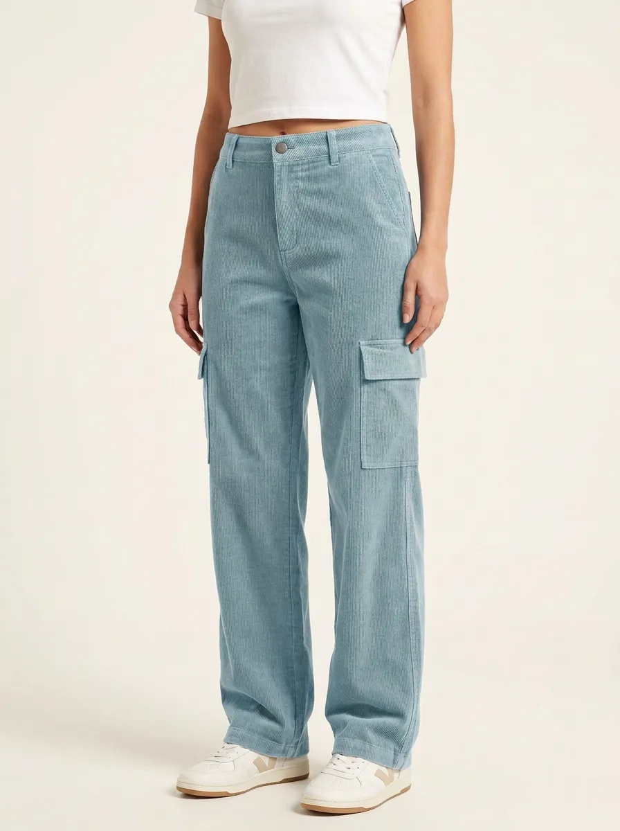 Women's Mid-Rise Flap-Pocket Cargo Straight-Leg Corduroy Pants
