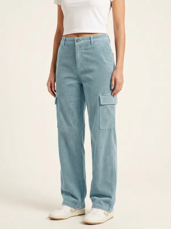 Women's Mid-Rise Flap-Pocket Cargo Straight-Leg Corduroy Pants