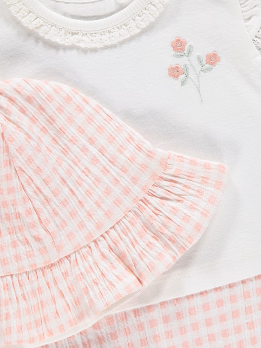 Pink Gingham Floral Romper and Hat Outfit detail 1