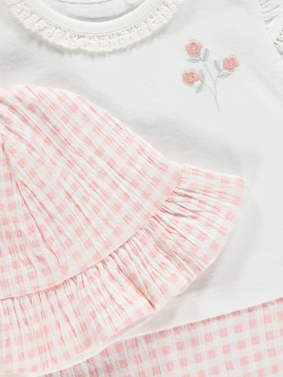 Pink Gingham Floral Romper and Hat Outfit