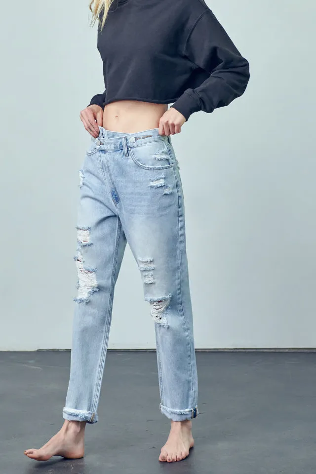 Women's High Rise Crossover Distressed Girlfriend Rigid Denim Jeans