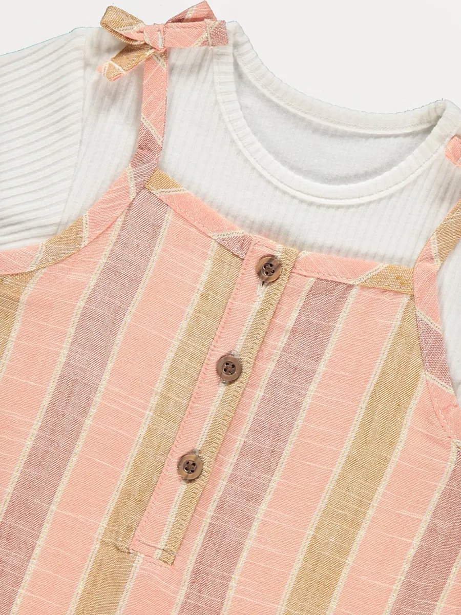 Pink Stripe Woven Strap Dress and Ribbed T-Shirt Outfit