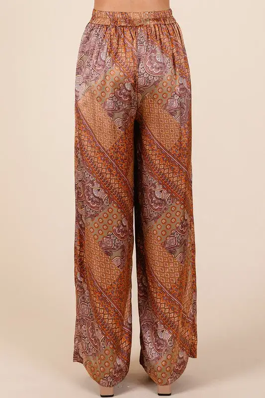 Patchwork Print Satin Wide Leg Pants