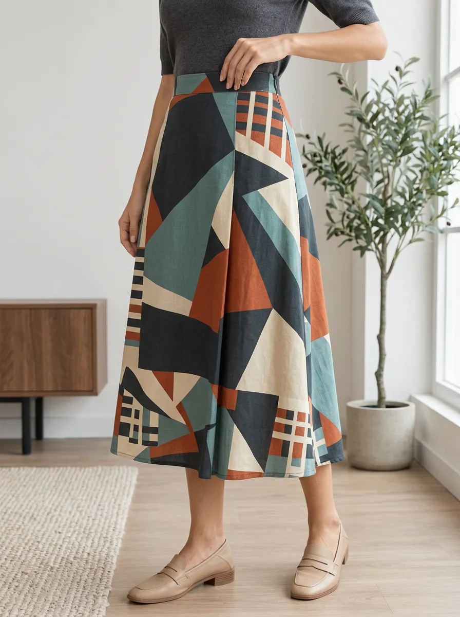 Women's Statement Geometric Print A-Line Midi Skirt