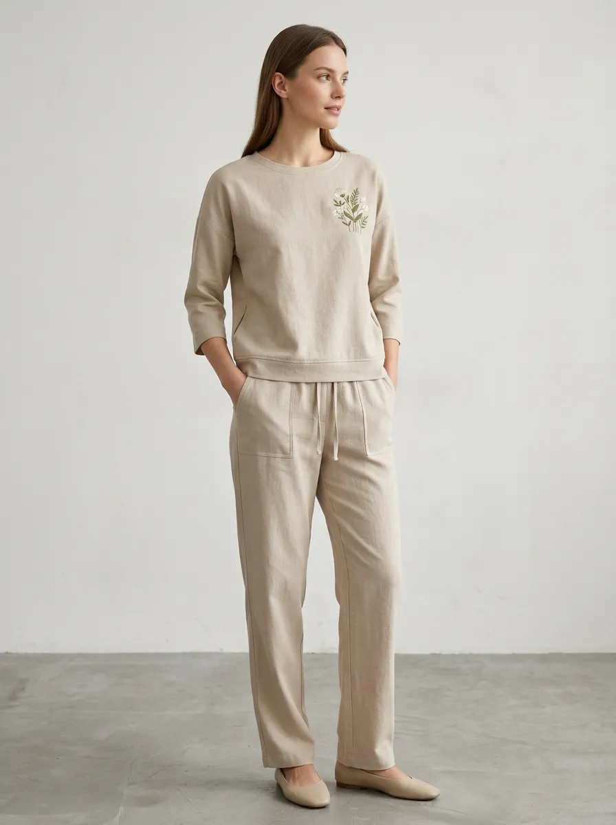 Women's Beige Botanical Chest-Embroidered Top & Pants Set