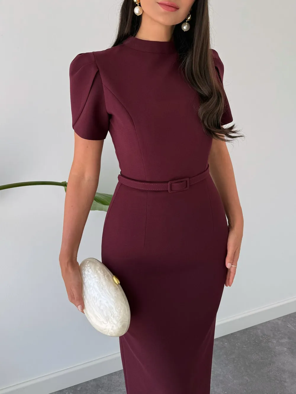 Elegant Stand Up Collar Belted Midi Dress