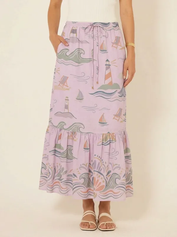 Women's Coastal Lighthouse Sailboat Printed Midi Skirt