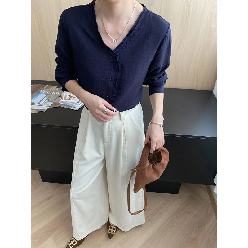 Comfort Double Layer Lace V Neck Loose Textured Shirt