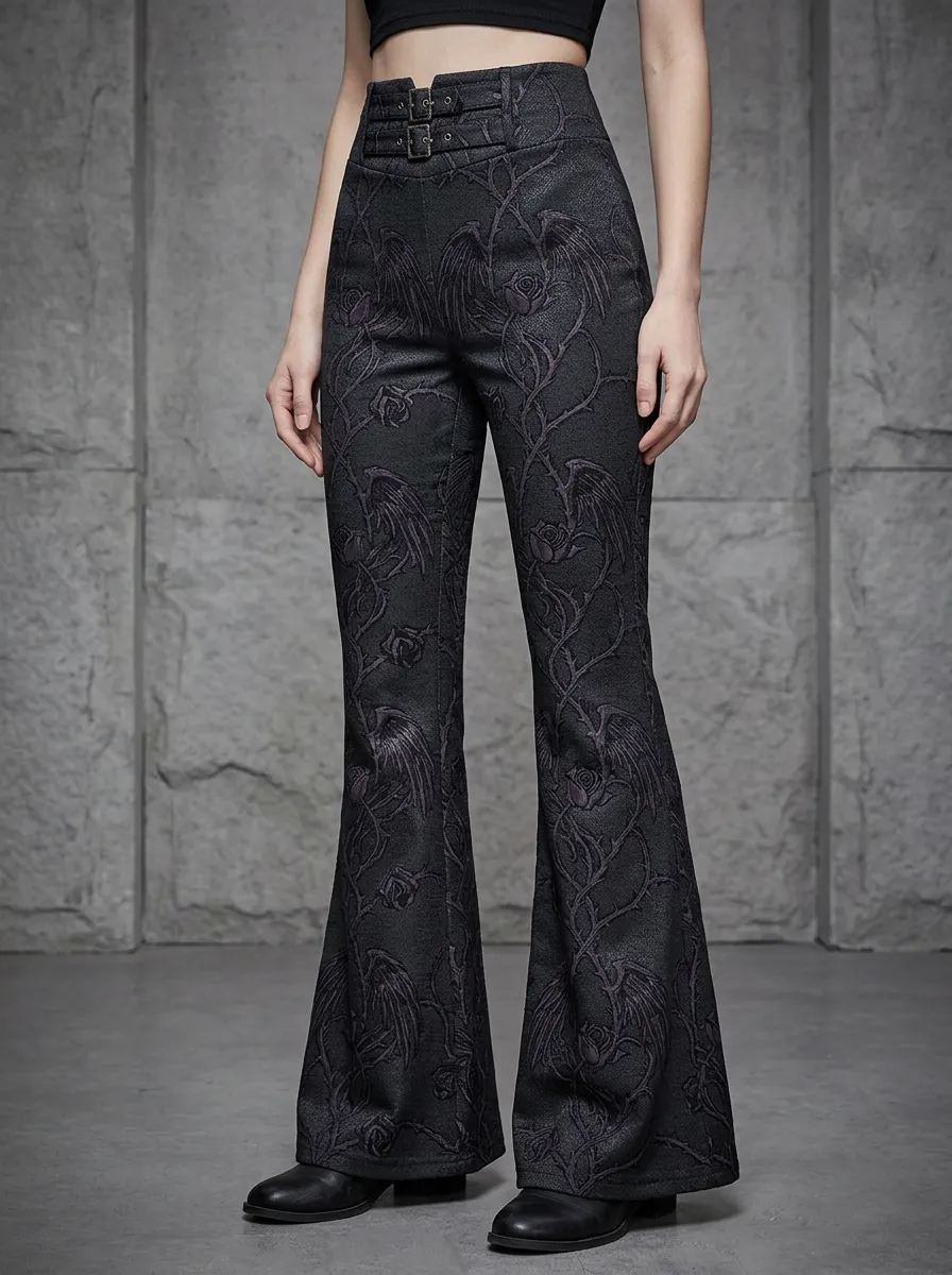 Alternative Rose Wing Flare Profile Women's Gothic Flare Pants