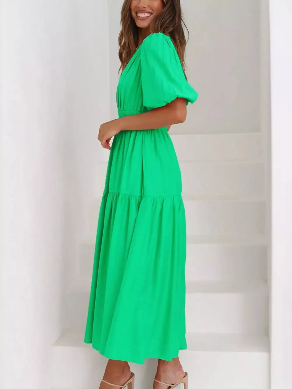 Everyday V-neck Puff Sleeve Midi Dress