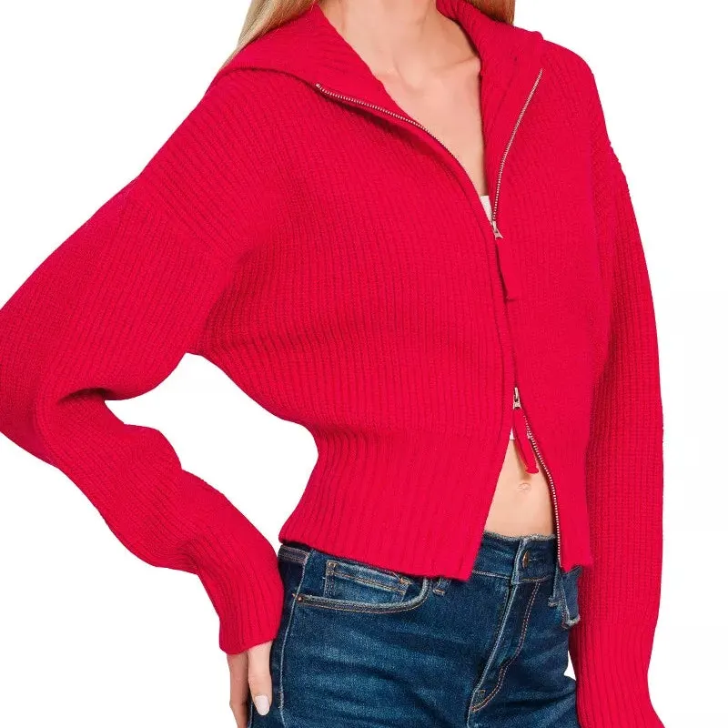 Cropped Zip Up Hooded Ribbed Knit Cardigan