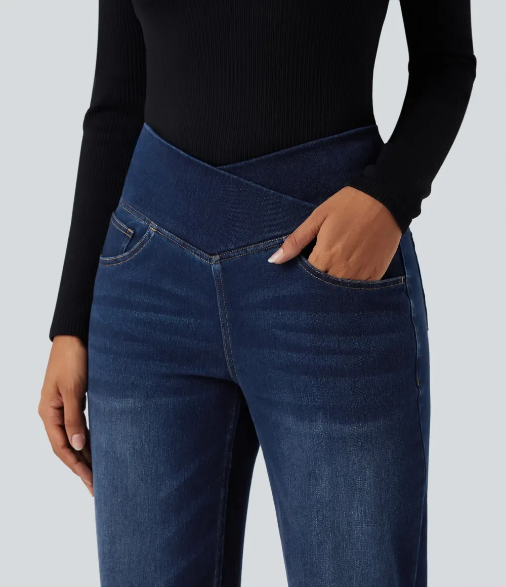 High-waisted, relaxed, crossover straight-leg jeans with  pockets