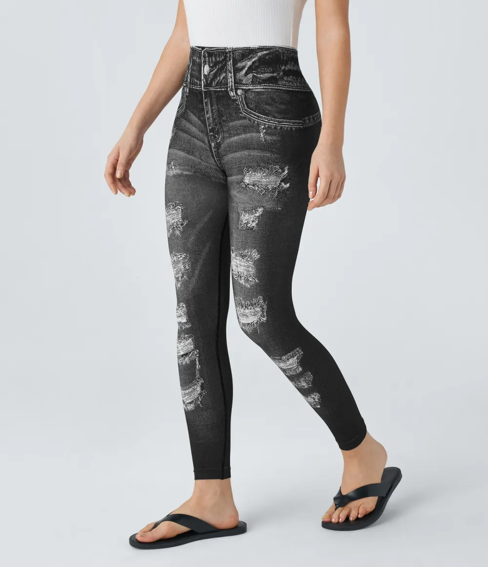 Seamless Flow High Waisted Denim Print Casual Leggings